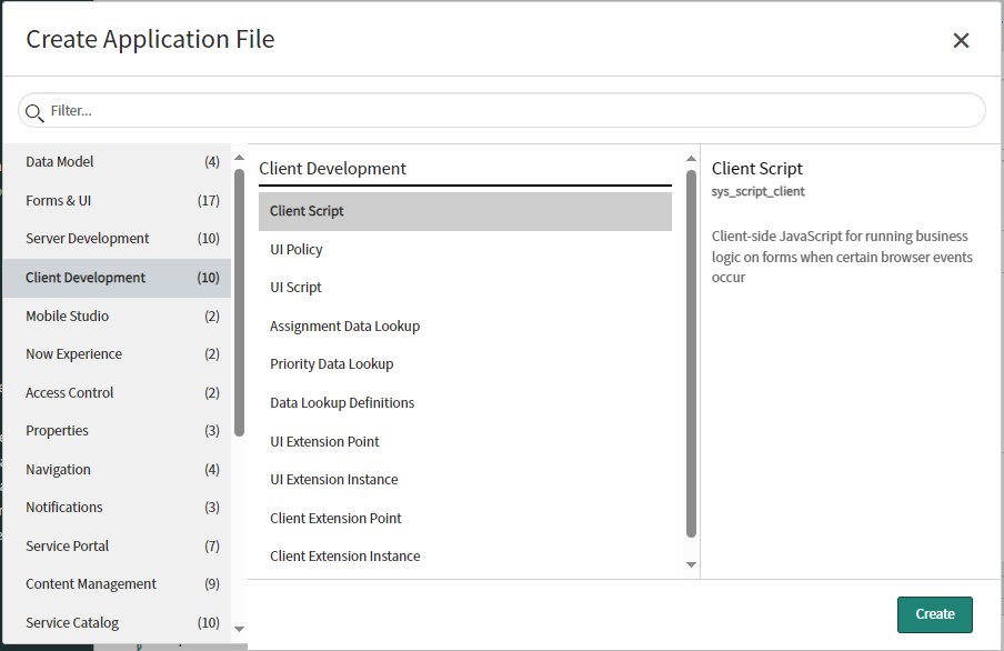 Select Client Development > Client Script > Create